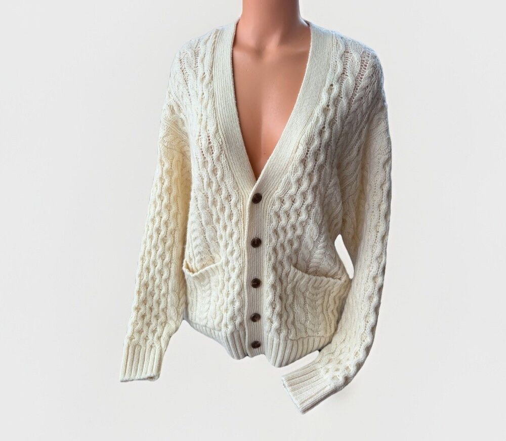 Brandy Melville Eva Heavy Wool Cable Knit Cardigan Ivory Oversized Pocket O/S
